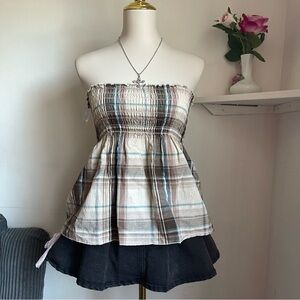 Vintage Plaid Strapless Top - Brown and Blue